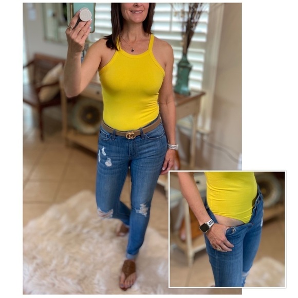 Halter Neck Ribbed Criss Cross Back Scoop Neck Bodysuit Yellow 1421 - Picture 1 of 5